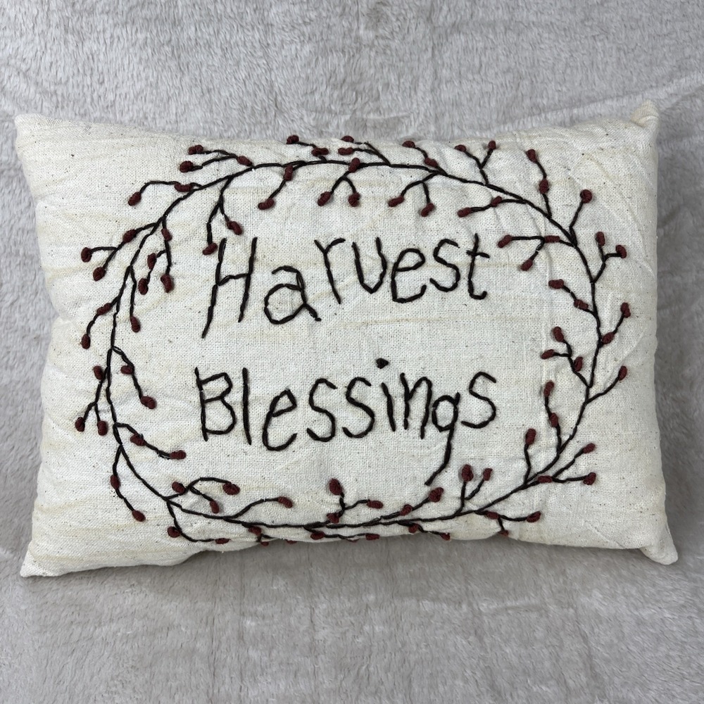 Primitive Hand Embroidered "Harvest‎ Blessings" Accent Pillow 11x7.5" Rustic